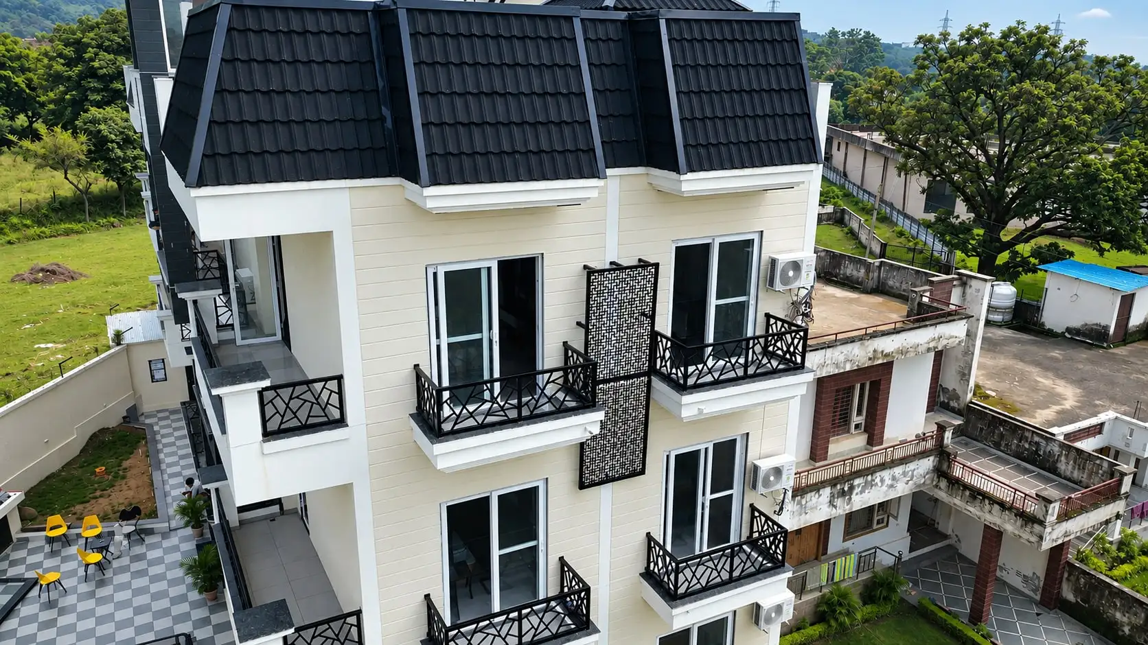 Balcony railings on the facade